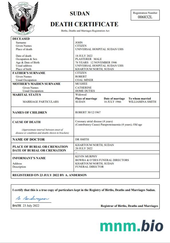Sudan rekord życiowy śmierć certyfikat Word i PDF szablon